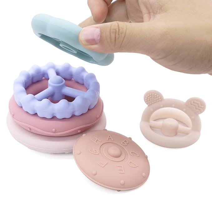 Baby Bear Teething & Stacking Toy Set - Teething Toys Silicone Teethers, Soft Baby Stacker Rings Teether, Learning Toy Gift for Boys and Girls 6+ Months (Beige)
