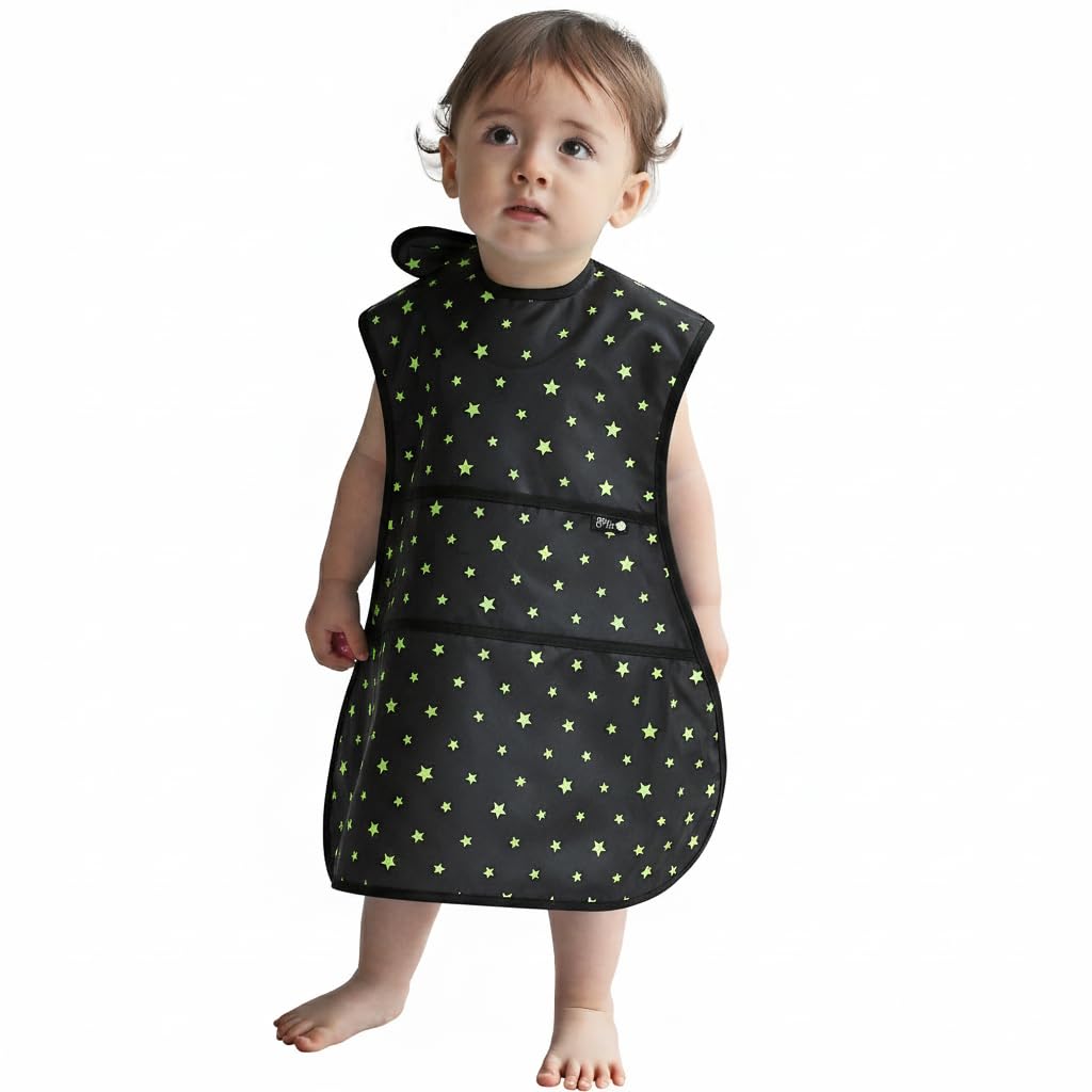 Plie Full Coverage Waterproof Feeding Bib for Toddlers – Extra Long Apron Bib for Mealtime, Self-Feeding, High Chair, Food Catcher, BPA-Free, Easy to Clean - Green Star