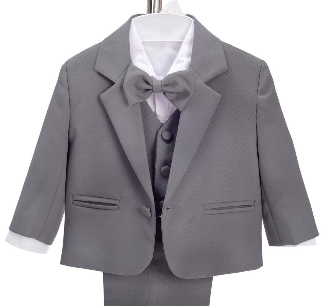 Dressy Daisy Baby Boy' 5 Pcs Set Formal Tuxedo Suits No Tail Wedding Christening Outfits Size 12-18 Months Charcoal Gray, 057