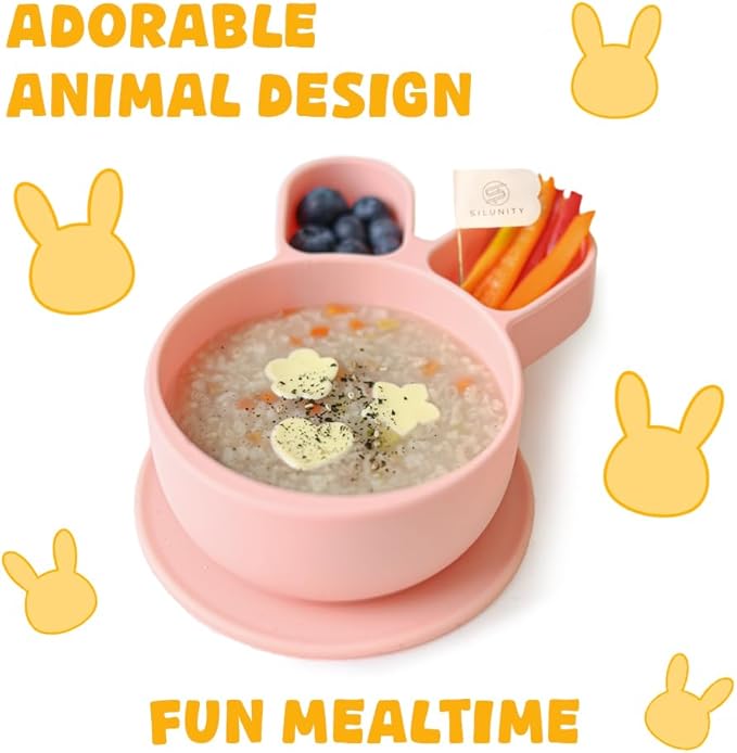 Baby Plates with Suction - Self-Feeding Tools for Baby - Made in Korea - Suction Plates Feeding Essentials - Ideal Baby Food Plates - Perfect Design for Toddlers (Yellow, Rabbit)