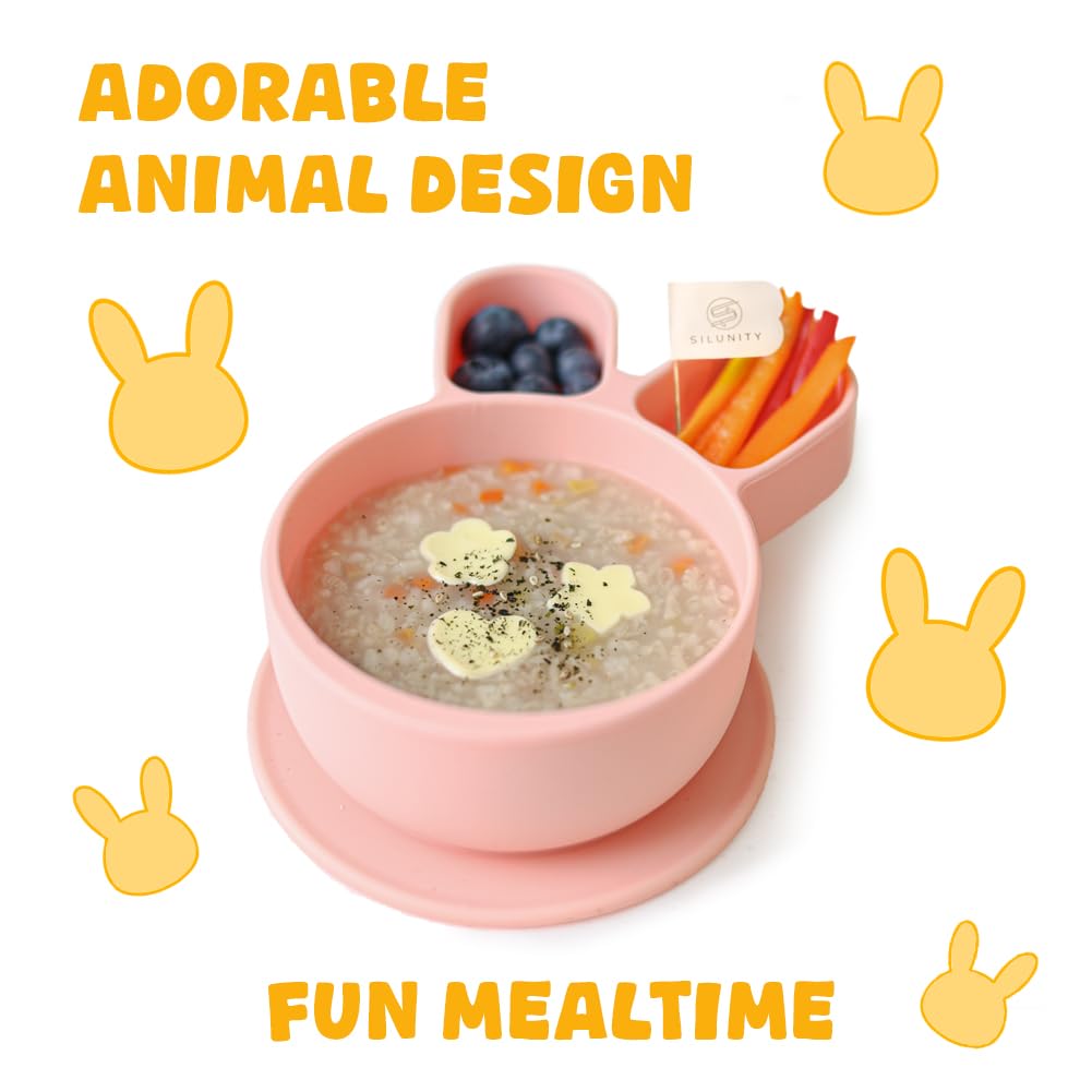 SILUNITY Baby Plates with Suction - Self-Feeding Tools for Baby - Made in Korea - Suction Plates Feeding Essentials - Ideal Baby Food Plates - Perfect Design for Toddlers (Bear Claw) (Gray)