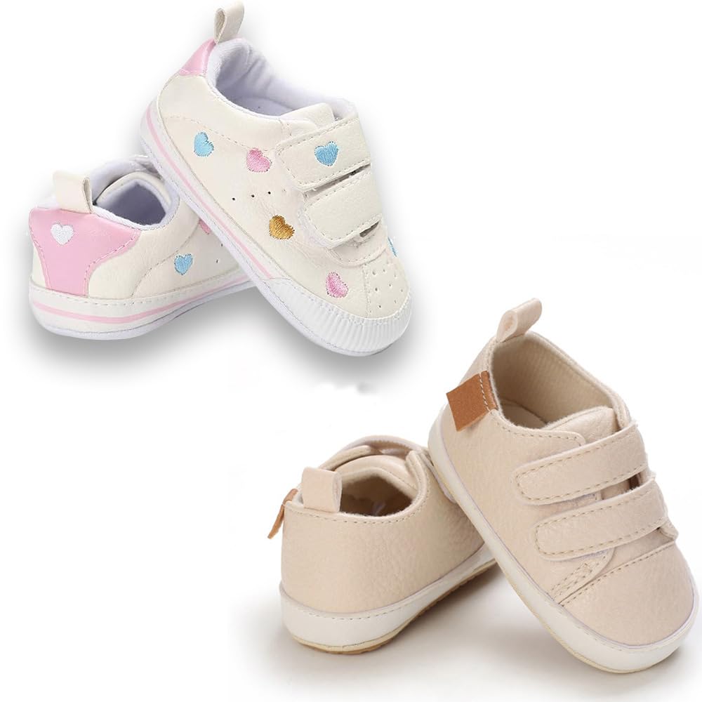 eitwo 2Pairs Baby Shoes,Boys Girls Non-Slip Rubber Sole Sneakers,Unisex Infant Soft Lightweight First Walking Crib Shoes (2Pairs_Heart+Beige,3-6 Months)