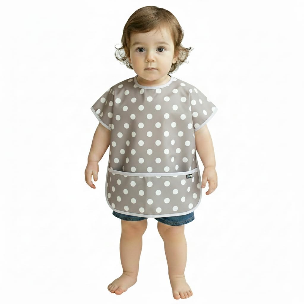 Plie Short Sleeve Waterproof Bib for Toddlers – Easy Clean Feeding Apron for Mealtime, Daycare, Self-Feeding & Messy Play, Lightweight BPA-Free Baby Bib (6–24 Months), Feeding - Gray Dot