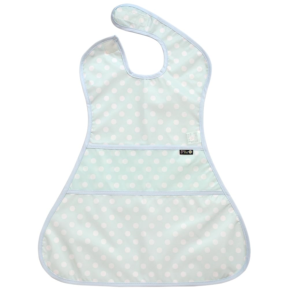 Plie Full Coverage Waterproof Feeding Bib for Toddlers – Extra Long Apron Bib for Mealtime, Self-Feeding, High Chair, Food Catcher, BPA-Free, Easy to Clean - Baby Blue/Dot