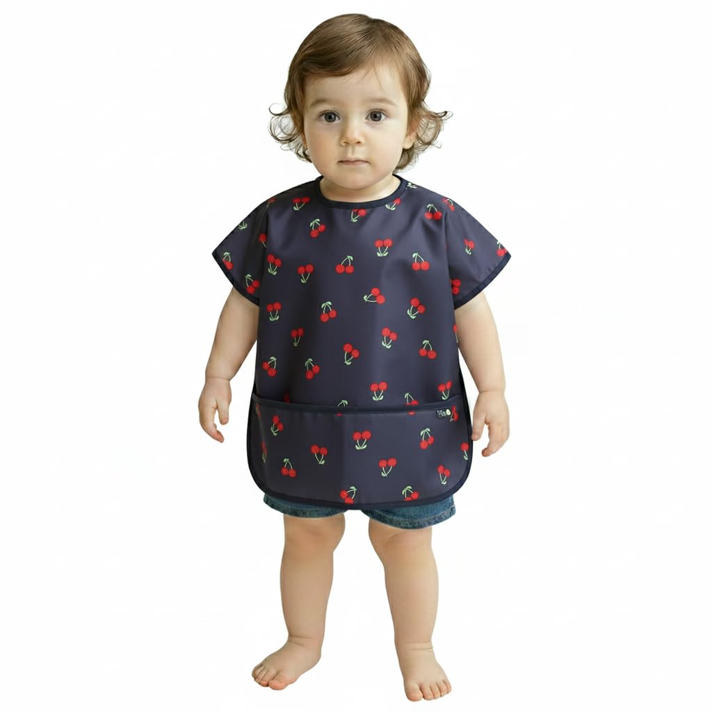 Plie Short Sleeve Waterproof Bib for Toddlers – Easy Clean Feeding Apron for Mealtime, Daycare, Self-Feeding & Messy Play, Lightweight BPA-Free Baby Bib (6–24 Months) - Navy Cherry
