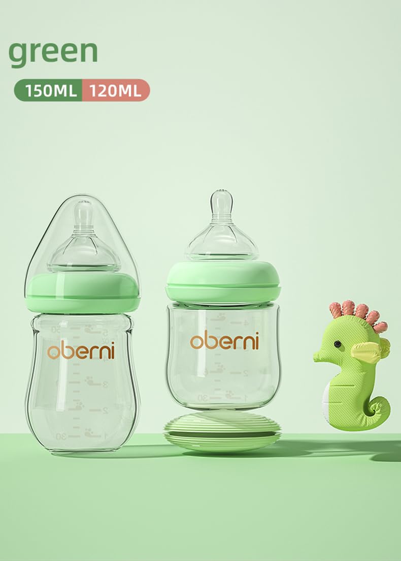 Glass Baby Bottles, Anti Colic Breastfeeding Bottle with Natural Response Nipple for Newborn Preemie 0+ Month, BPA Free, Wide Neck, Blue/2Pack/5oz