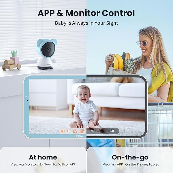 ieGeek 1080p Baby Monitor with Night Vision, 5" LCD Screen&Phone App Control, PTZ, 3000mAh Battery, Automatic Tracking, Cry&Motion Detection, Feeding Reminder, 2 Way Audio, Baby Gift