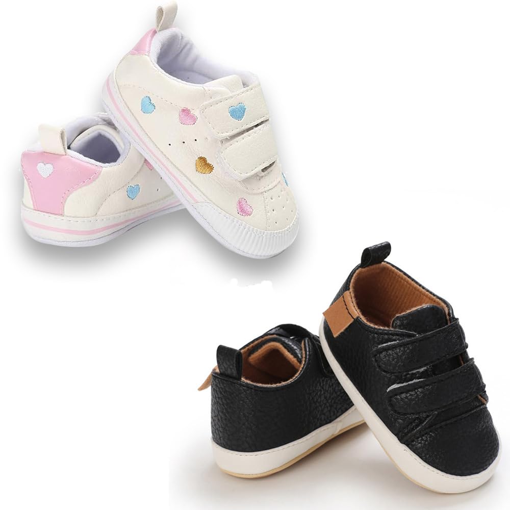 eitwo 2Pairs Baby Shoes,Boys Girls Non-Slip Rubber Sole Sneakers,Unisex Infant Soft Lightweight First Walking Crib Shoes (2Pairs_Heart+Black,3-6 Months)