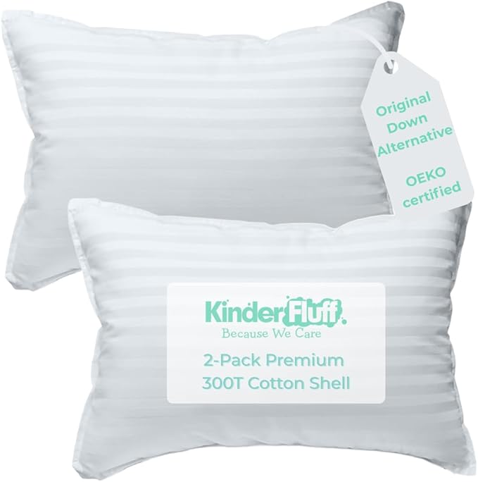 kinder Fluff Children Pillows (2X) - The Only Twin Pillows for Kids 300T Cotton Shell & Down Alternative Fill - Ideal for Travel, Bedding Set & Floor Cushions (16x24in - White)