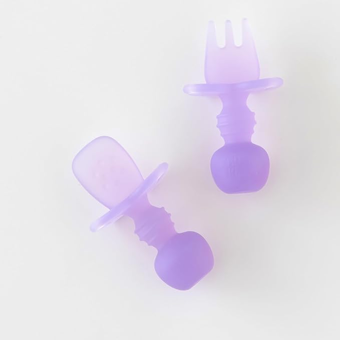 Bumkins Baby Utensils Set, Chewtensils Silicone Spoons for Dipping, Self-Feeding, Baby Led Weaning, Trainer Learning, First Stage Eating, Soft Practice Fork and Spoon, Babies 6 Months, Purple Jelly