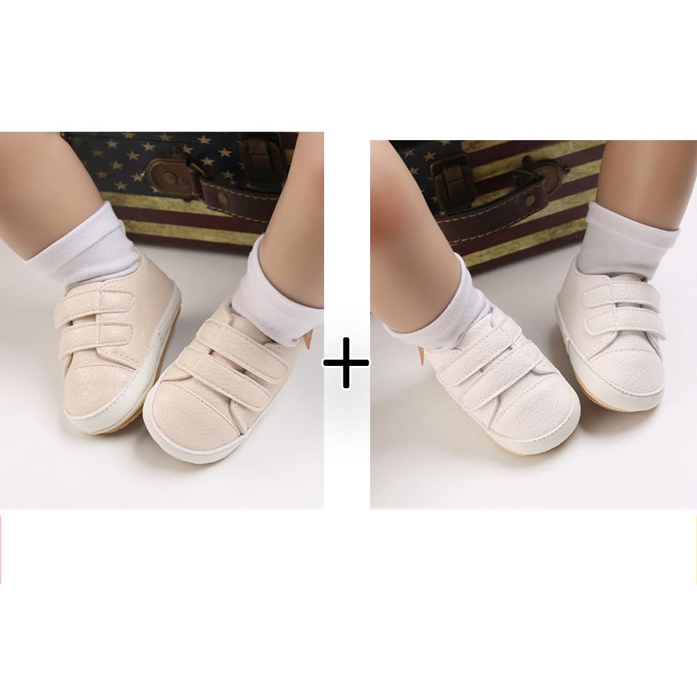 eitwo 2Pairs Baby Shoes,Boys Girls Non-Slip Rubber Sole Sneakers,Unisex Infant Soft Lightweight First Walking Crib Shoes (2Pairs_White+Beige,3-6 Months)
