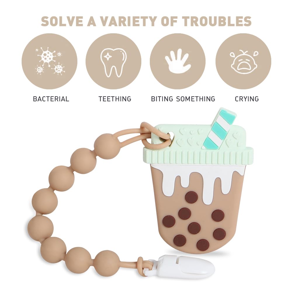 Baby Food Grade Silicone Bubble Tea Cup Teething Toys with Pacifier Clip