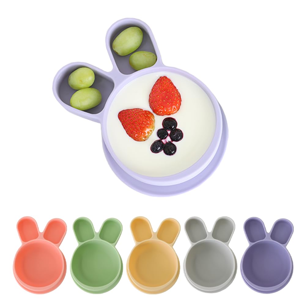 SILUNITY Baby Plates with Suction - Self-Feeding Tools for Baby - Made in Korea - Suction Plates Feeding Essentials - Ideal Baby Food Plates - Perfect Design for Toddlers (Green, Rabbit) (Yellow)