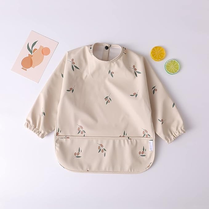 GZMM Waterproof Baby Bibs,Infant Toddler Long Sleeve Feeding Bib With Food Catcher,Easy Clean & Washable