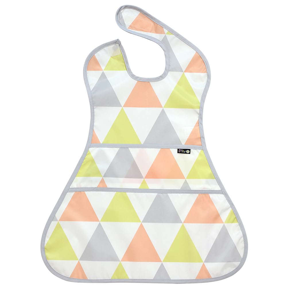Plie Full Coverage Waterproof Feeding Bib for Toddlers – Extra Long Apron Bib for Mealtime, Self-Feeding, High Chair, Food Catcher, BPA-Free, Easy to Clean - Lime Triangle