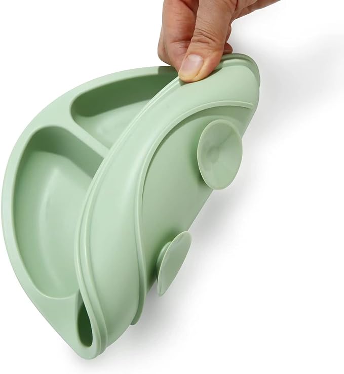 PandaEar Silicone Baby Feeding Set| 2 Pack Silicone Divided Suction Plate and 2 Pack Tiny Cup with 2 Spoons 2 Forks| Baby Led Weaning Supplies Self Feeding Eating Utensils (Blue/Green)