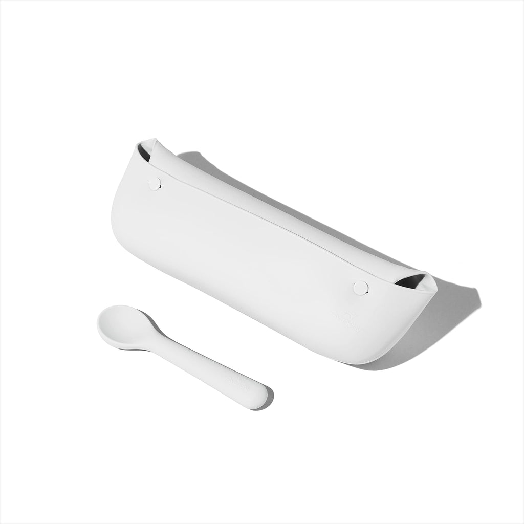 Avanchy Silicone Baby Bib, Waterproof Food Catcher, Spoon Set, White