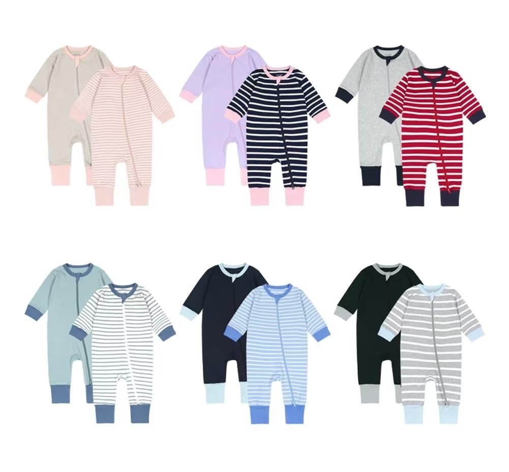 Teach Leanbh Toddler Baby Boys Girls 2-Pack Pajamas Cotton 2 Way Zipper Long Sleeve Footless Romper Sleep and Play (Grey+Black, 6-12 Months)