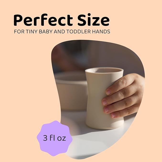APLAINR Grip Cup, Silicone Open Training Cup for Baby and Toddler, 3 fl oz, Easy Grip, Non-Slip, Heavy Base, Microwave & Dishwasher Safe, No BPA, Pack of 2, Oat Cream