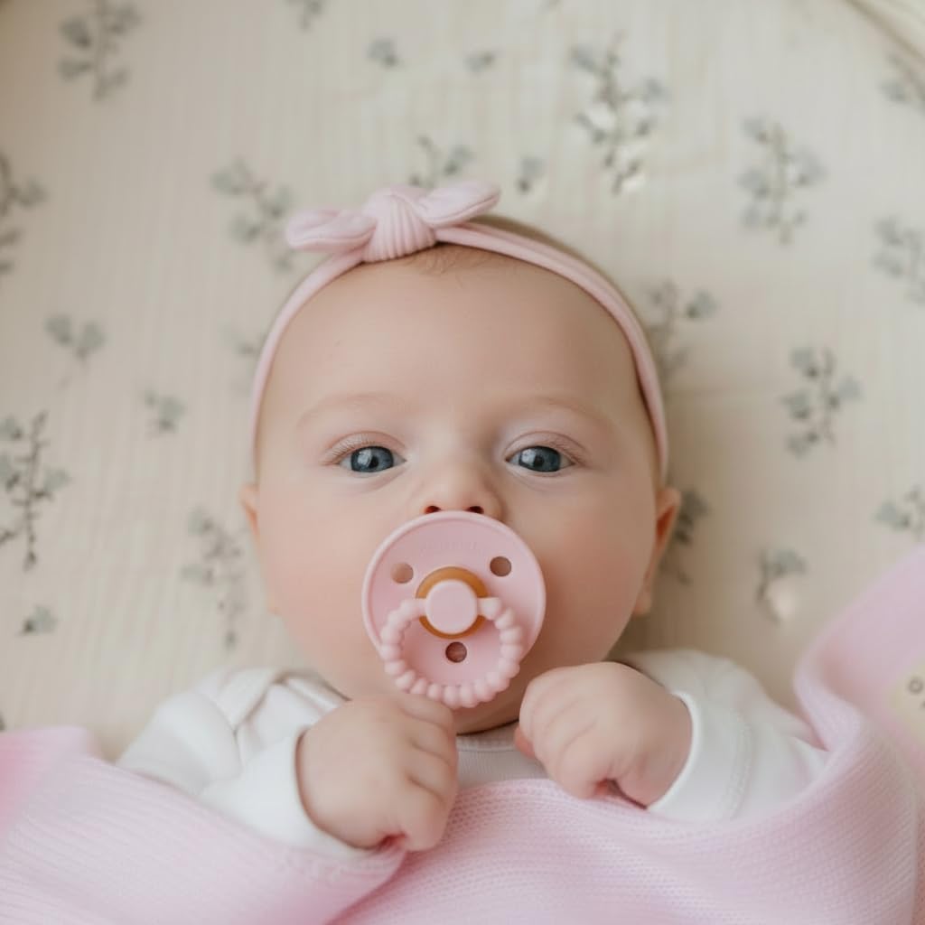 Luladream Pacifier - Natural Rubber Nipple - Soft Teething Handle - for Infants Baby's and Toddlers, 0-18 Months (Blush Pink + Rose Petal)