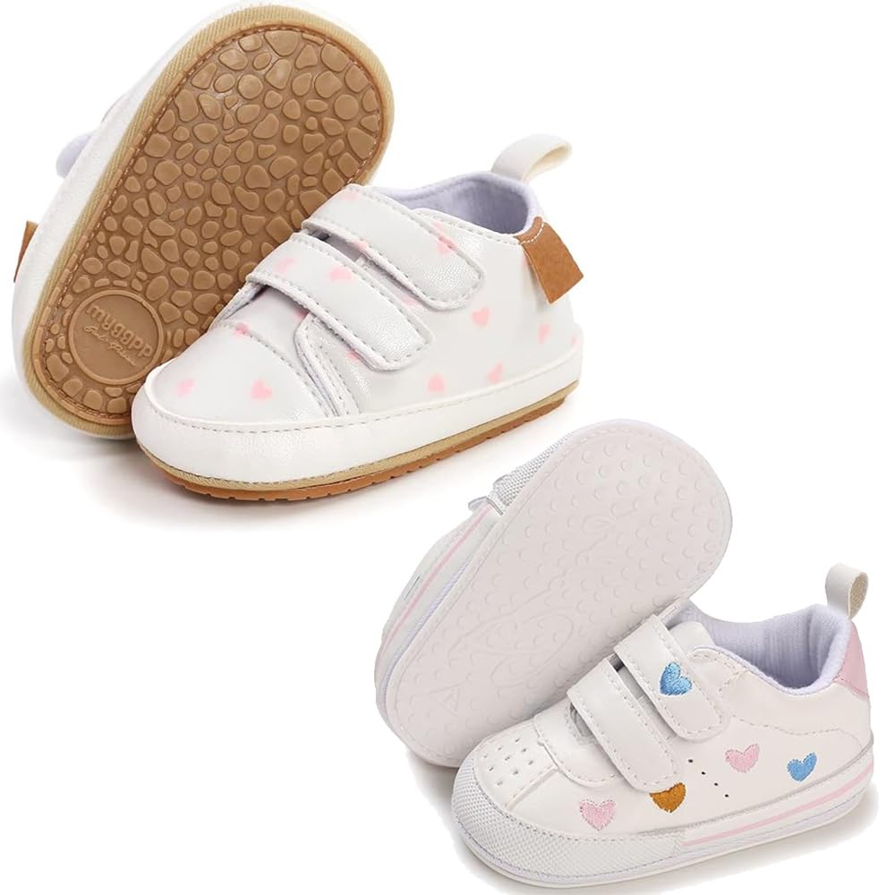 eitwo 2Pairs Baby Shoes,Boys Girls Non-Slip Rubber Sole Sneakers,Unisex Infant Soft Lightweight First Walking Crib Shoes (2Pairs_Heart+White,3-6 Months)