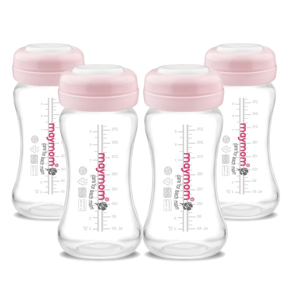 Maymom Wide-Mouth Milk Storage Collection Bottle with Dome Cap, Bottle Top, SureSeal Disk; Compatiable with Spectra S1 S2 Bottles; Compatible with Lansinoh Nipple (4.7oz/140mL, 2pc & 9oz/280mL, 2pc)