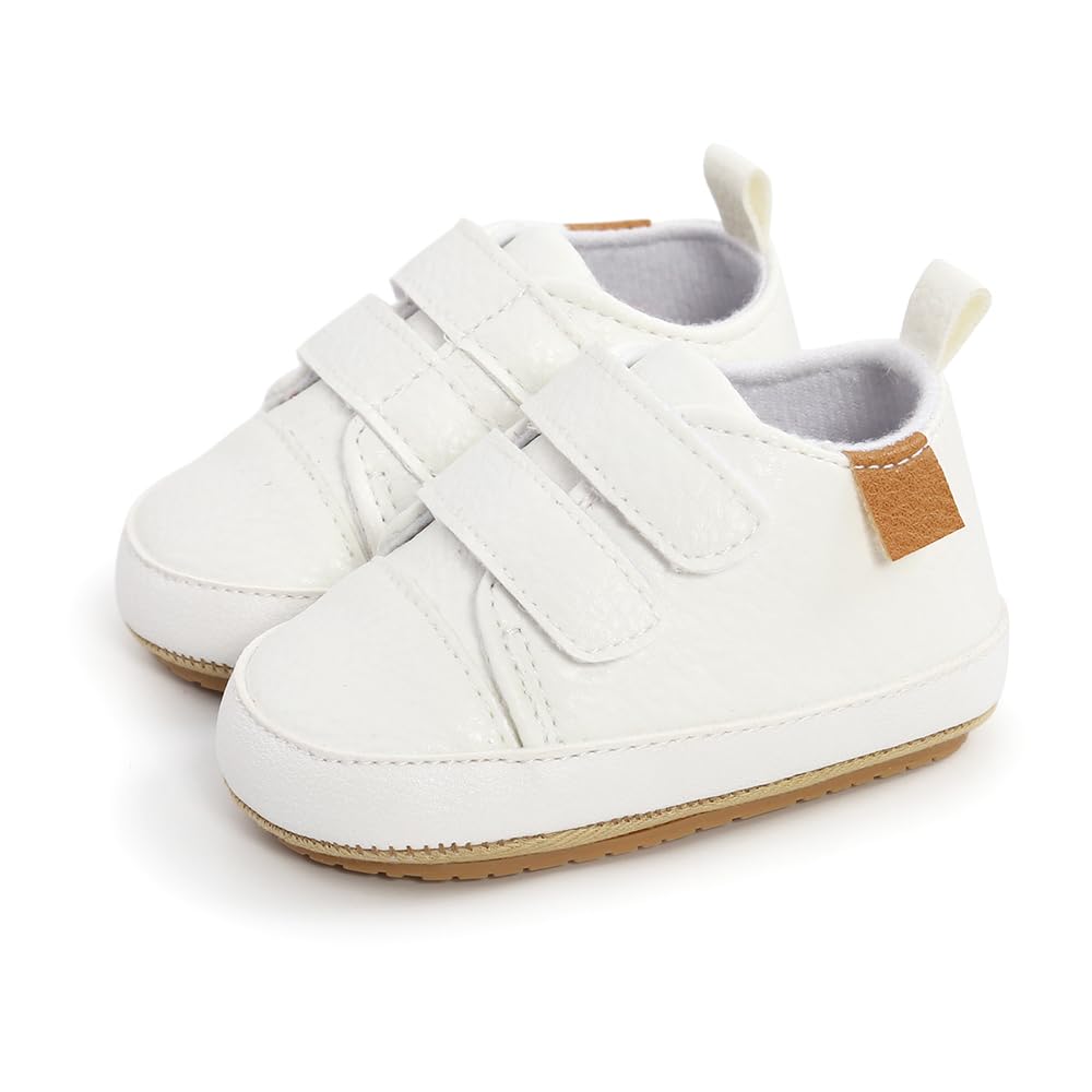 Clowora Baby Boys Girls Shoes Non-Slip Rubber Sole Sneakers Infant First Walking Toddler Crib Shoes Newborn Loafers Flats. (06/White,6-12 Months)