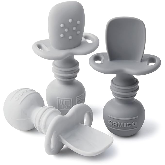 SAMiGO Silicone Baby Spoons Self Feeding 6+ Months - Infant Toddler Utensils - First Stage Baby Led Weaning Feeding Supplies - Set of 3 Pack