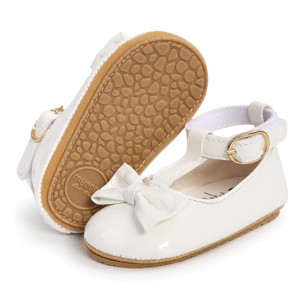 COSANKIM Baby Girls Mary Jane Flats Shoes Anti-Slip Rubber Sole Infant Toddler Princess Wedding Dress Shoes(01 White, 3-6 Months Infant)