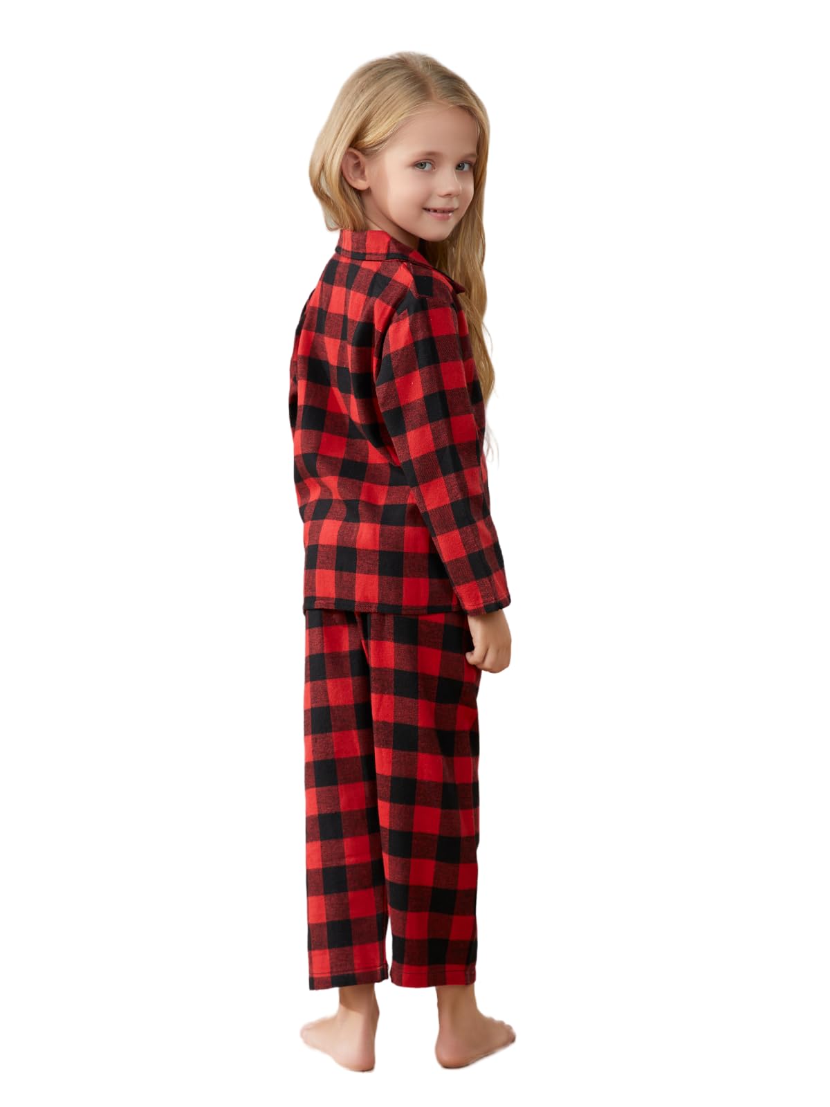 Schbbbta Kids Plaid Pajamas Set, Girls Boys 2-Piece Pajamas Set Long Sleeve Sleepwear Button Down Pjs, Red Black, 5-6 Years = Tag 130