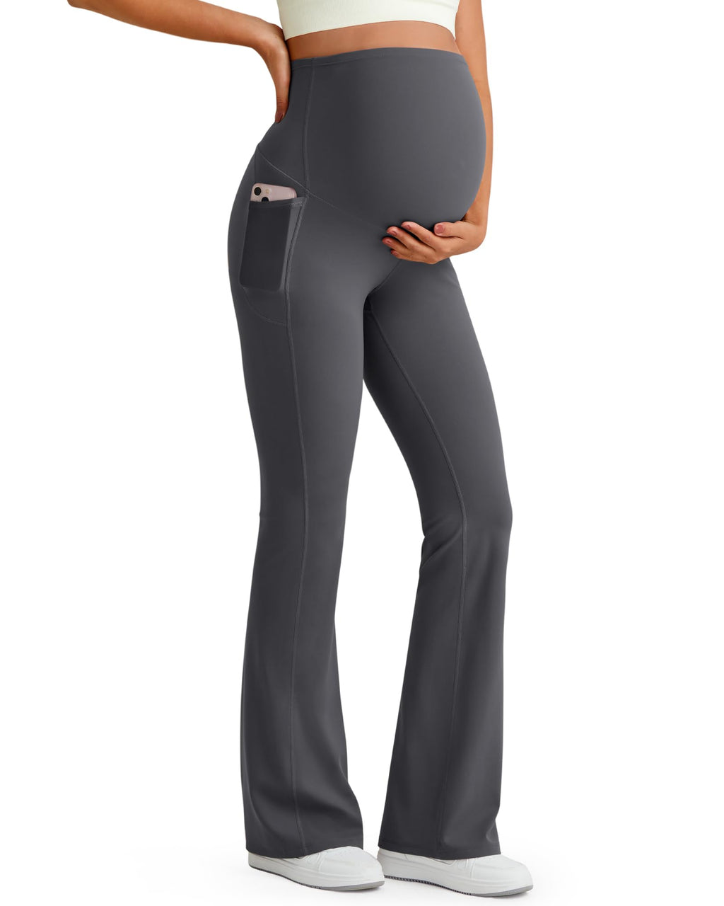 G4Free Maternity Leggings Yoga Pregnancy Flare Pants,Dark Gray,S,Regular