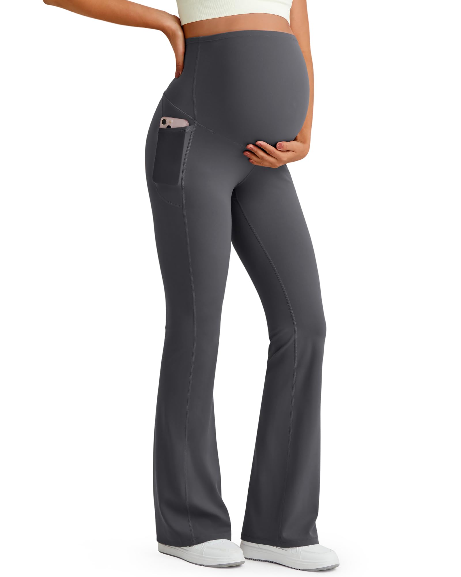 G4Free Maternity Leggings Yoga Pregnancy Flare Pants,Dark Gray,S,Regular