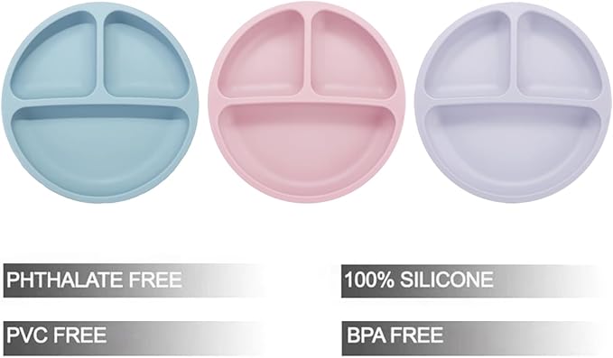PandaEar 3 Pack Toddler Plates, Silicone Divided Suction Plate for Babies, BPA-Free 100% Food-Grade Silicone Unbreakable Baby Plate (Pink/Purple/Blue)