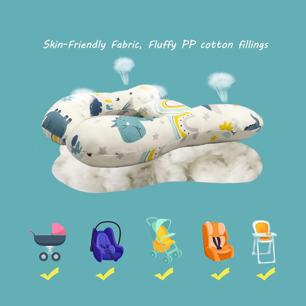 Wedfull Baby Neck Pillows, Comfortable Baby Travel Head Neck Support Pillow for Car Seat Stroller Pushchair, Soft PP Cotton Travel Pillow for 0-2 Years Old Toddler Infant Newborn, Dinosaur