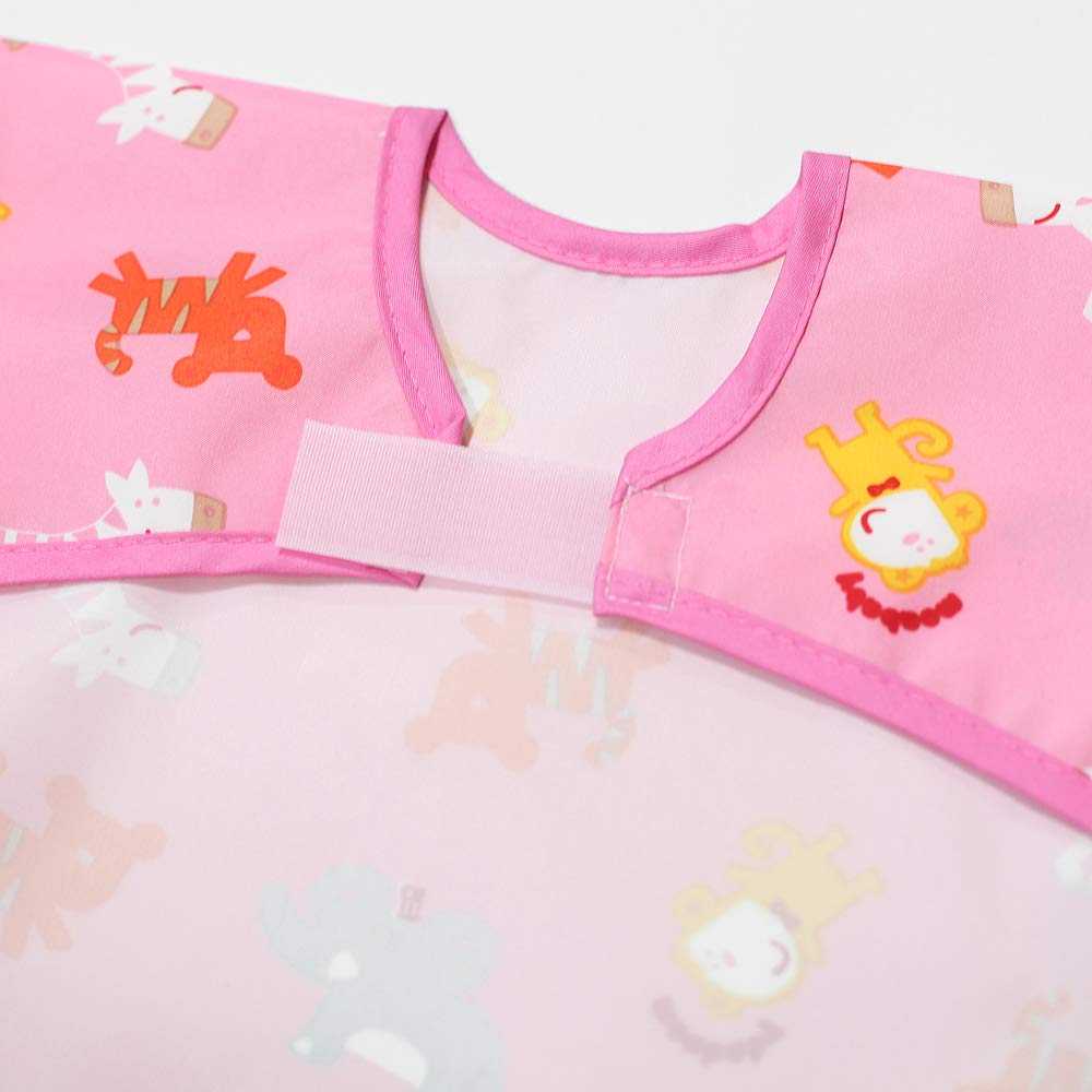 Plie Long Sleeve Waterproof Bib for Toddlers – Soft Feeding Smock for Baby Mealtime, Self-Feeding, Painting & Messy Play, BPA-Free, Easy Clean (6–24 Months) - Pink/Animals