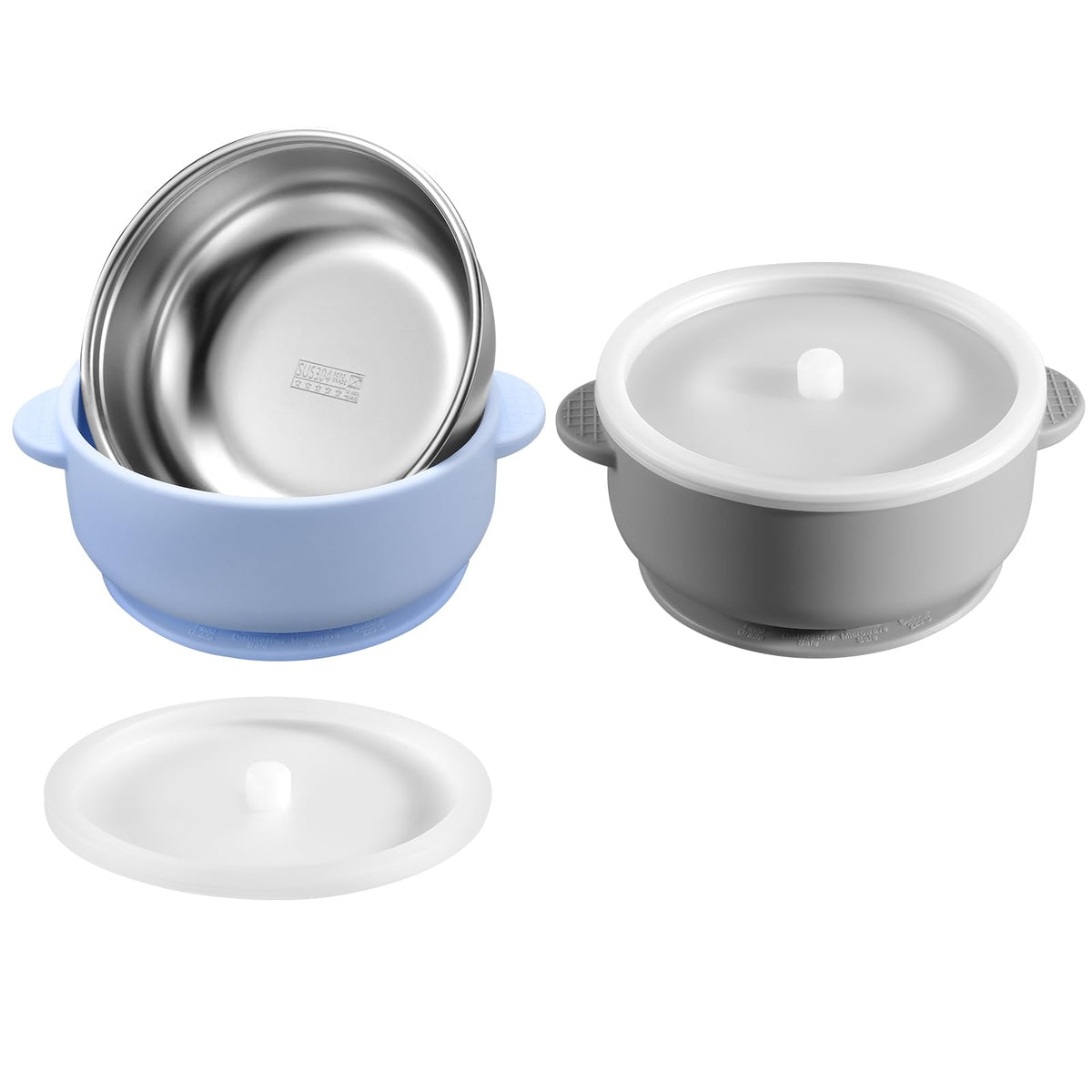 Dovesail 2 Pack Stainless Steel Baby Bowls with Removable Non-Slip Silicone Suction Shell and Lids, Anti Scald Food Container for Baby Food Feeding-Skyblue & Gray