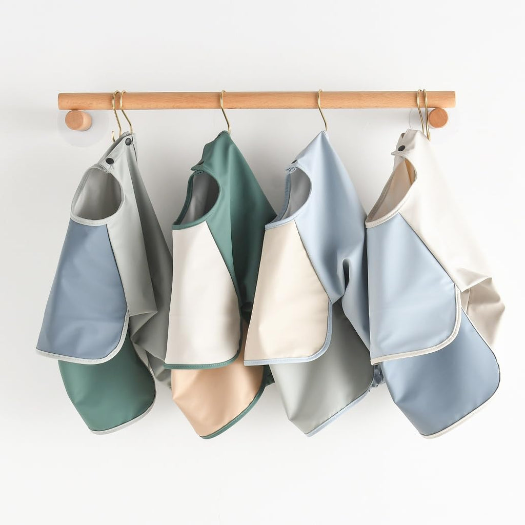 GZMM Waterproof Baby Bibs,Infant Toddler Long Sleeve Feeding Bib With Food Catcher,Wipe Clean & Washable(Beige+milk+grey)