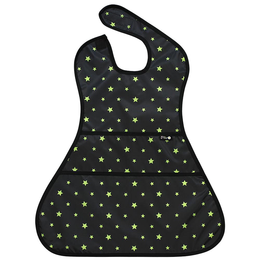 Plie Full Coverage Waterproof Feeding Bib for Toddlers – Extra Long Apron Bib for Mealtime, Self-Feeding, High Chair, Food Catcher, BPA-Free, Easy to Clean - Green Star