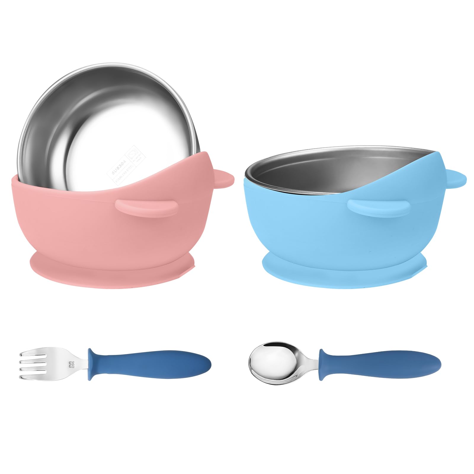 Wesketch 2 Pack Stainless Steel Baby Bowls with Removable Non-Slip Silicone Suction Shell, Anti Scald Food Container for Baby Food Feeding, Forks + Spoons Included-Blue & Pink