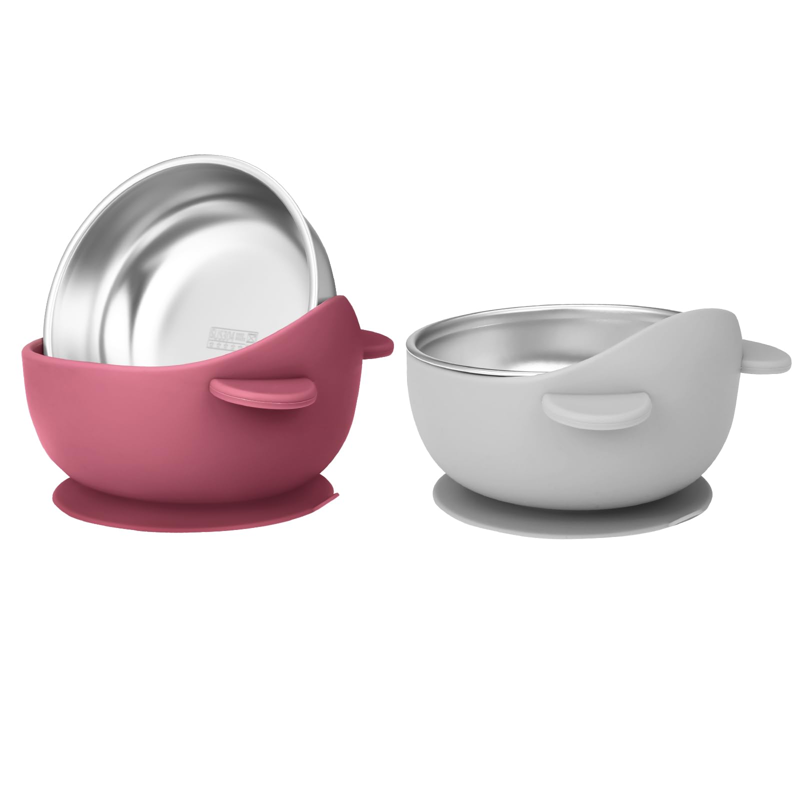 Wesketch 2 Pack Stainless Steel Baby Bowls with Suction, Toddler Bowls with Removable Silicone Shell for Kids, Non-Slip Toddler Baby Feeding Set Dishwasher Safe-Gray & Red