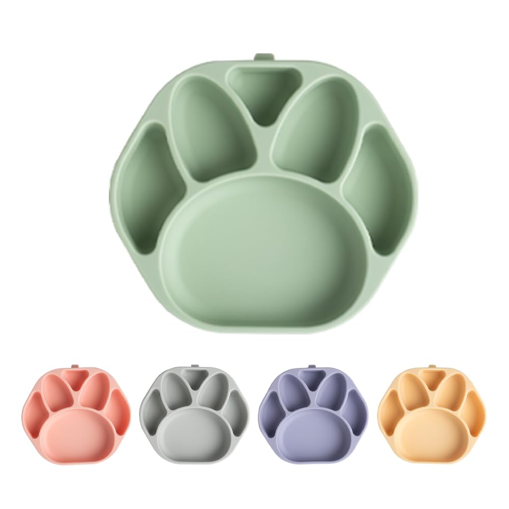 SILUNITY Baby Plates with Suction - Self-Feeding Tools for Baby - Made in Korea - Suction Plates Feeding Essentials - Ideal Baby Food Plates - Perfect Design for Toddlers (Bear Claw) (Gray)