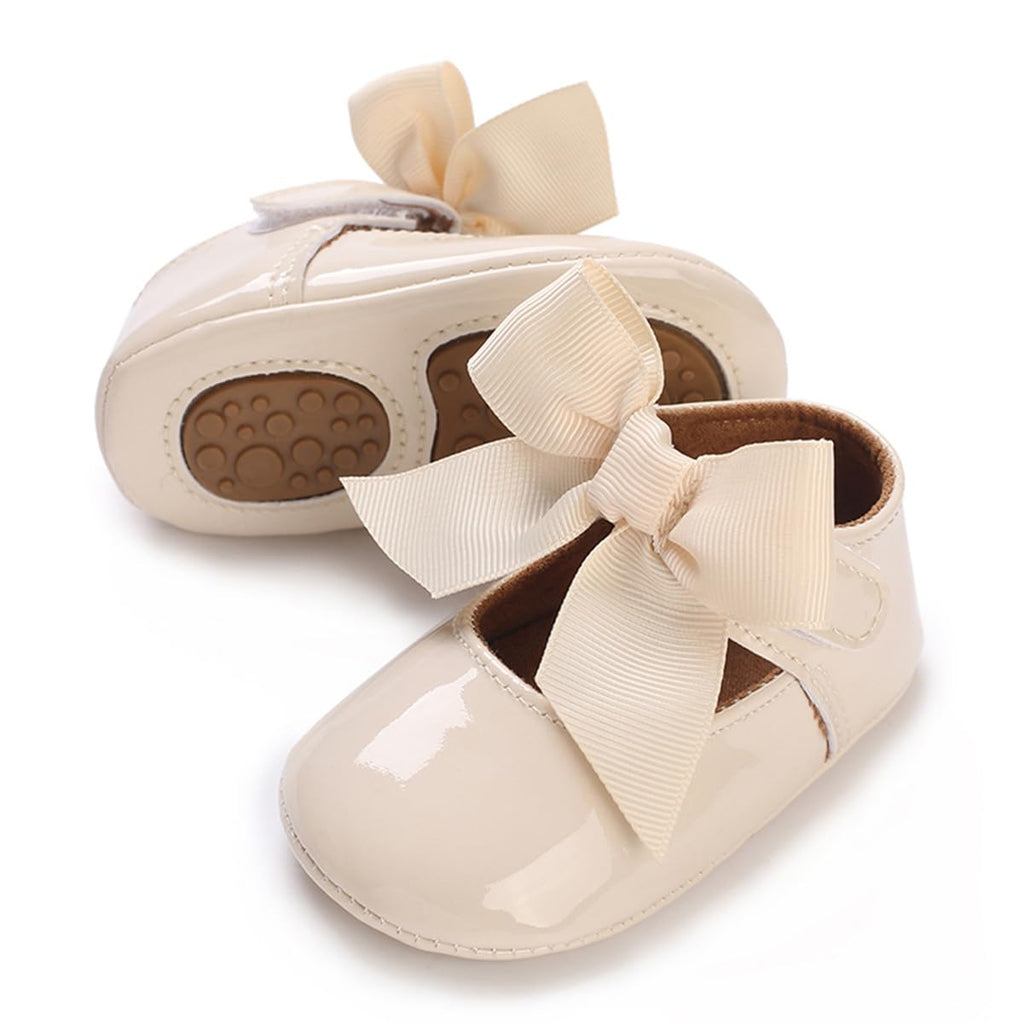 COSANKIM Baby Girls Mary Jane Flats Shoes Anti-Slip Rubber Sole Infant Toddler Princess Wedding Dress Shoes(12-18 Months Toddler, A/Beige)