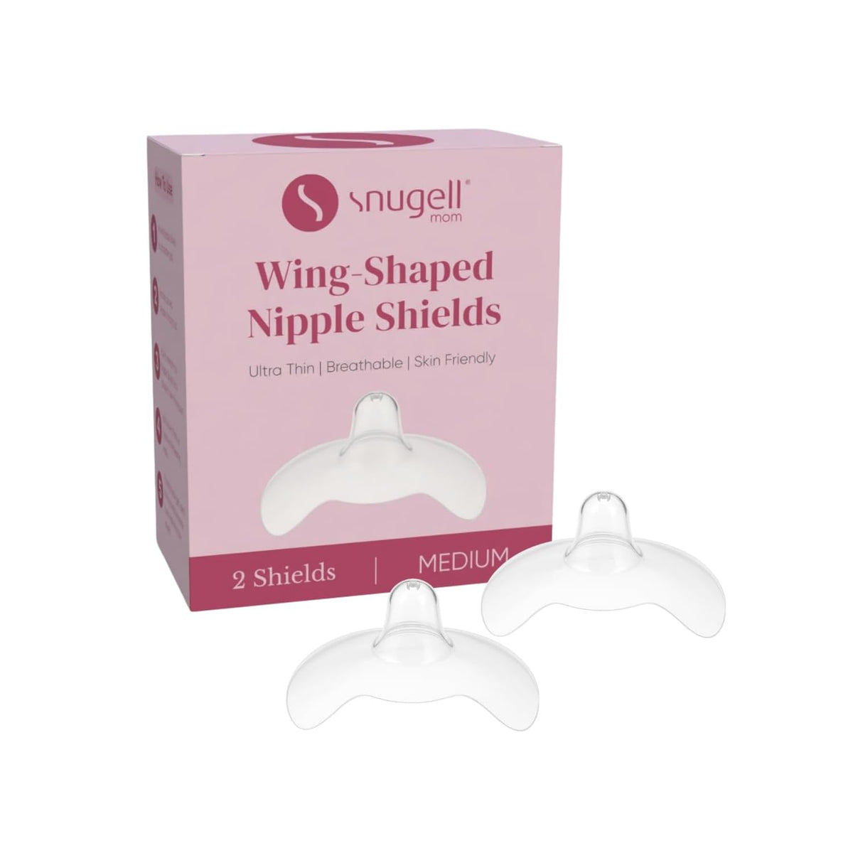 Snugell Wing-Shaped Nipple Shields for Breastfeeding, Medium 20mm - Ultra-Thin Food-Grade Silicone Nursing Shields, 2-Pack with Case - for Flat, Inverted or Sore Nipples - Newborn Latch Support
