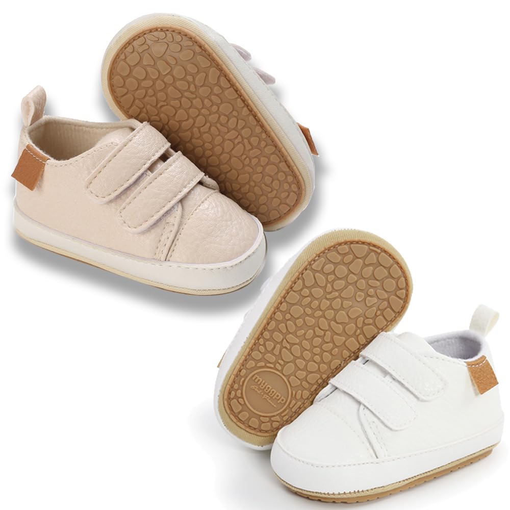 eitwo 2Pairs Baby Shoes,Boys Girls Non-Slip Rubber Sole Sneakers,Unisex Infant Soft Lightweight First Walking Crib Shoes (2Pairs_White+Beige,3-6 Months)