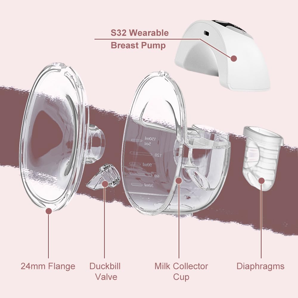 Two Full Sets Breast Pump Parts with 24mm Flange Compatible with NCVI/Nuliie/NICEGREEN Life/Zooawa S32 Breast Pump Replacement Parts,S32 Pump Parts,Extra Duckbill Valve&Diaphragm