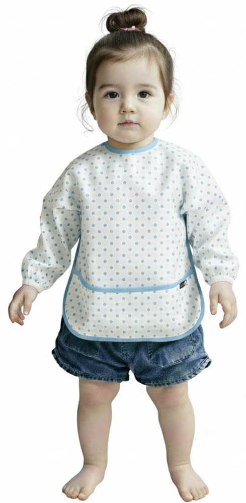 Plie Long Sleeve Waterproof Bib for Toddlers – Soft Feeding Smock for Baby Mealtime, Self-Feeding, Painting & Messy Play, BPA-Free, Easy Clean (6–24 Months) - Blue Heart