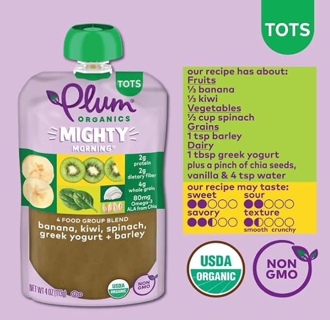 Plum Organics Mighty Morning Organic Toddler Food - Banana, Kiwi, Spinach, Greek Yogurt, and Barley - 4 oz Pouch (Pack of 6) - Organic Fruit and Vegetable Toddler Food Pouch