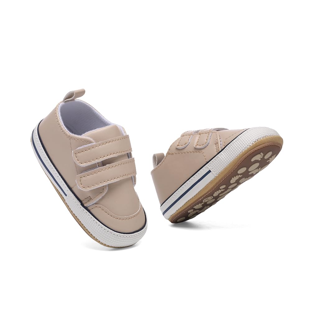 Clowora Baby Boys Girls Shoes Non-Slip Rubber Sole Sneakers Infant First Walking Toddler Crib Shoes Newborn Loafers Flats. (C062/Khaki,12-18 Months)