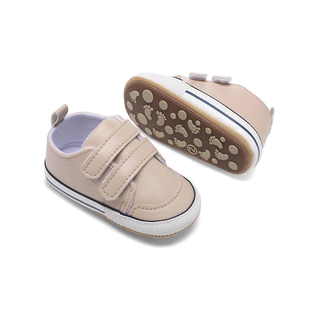 Clowora Baby Boys Girls Shoes Non-Slip Rubber Sole Sneakers Infant First Walking Toddler Crib Shoes Newborn Loafers Flats. (C062/Khaki,12-18 Months)
