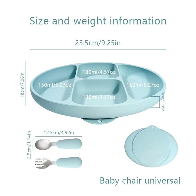Divided Food Feeding Bowl Silicone Baby Dishes Kid Dinner Suction Baby Silicone Tableware Plate Bowl Spoon Fork Set BPA Free Non Toxic (Blue)